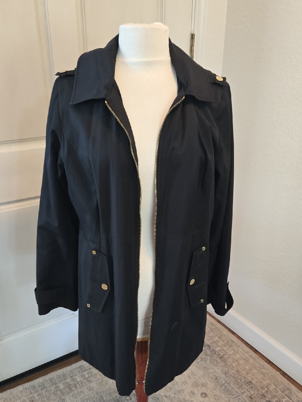 Michael Kors Black Zip-Front Trench Coat with Gold Hardware